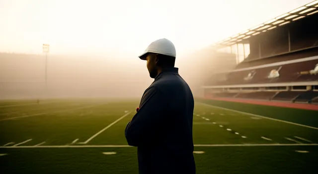 A coach standing at the edge of a foggy football field at sunrise