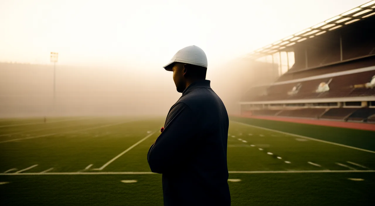 A coach standing at the edge of a foggy football field at sunrise
