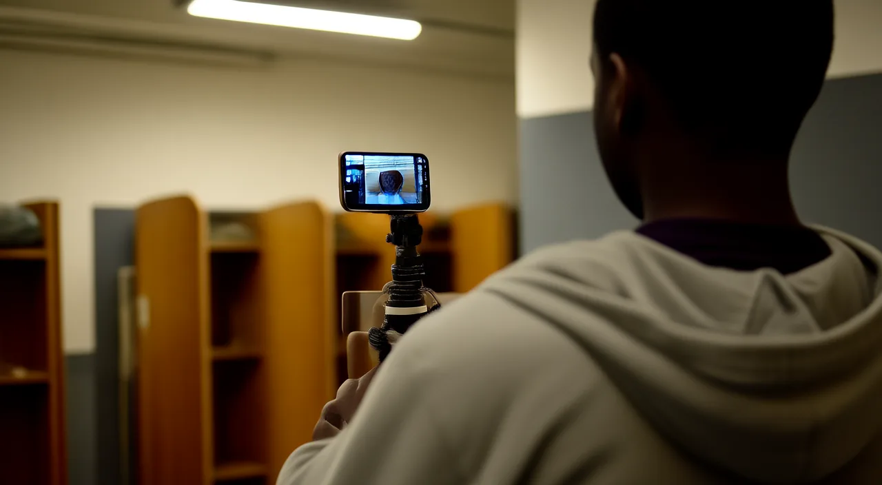A young athlete filming a vertical video on a phone in a locker room